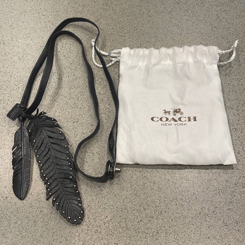 Coach Black Metal and Leather Feather Necklace